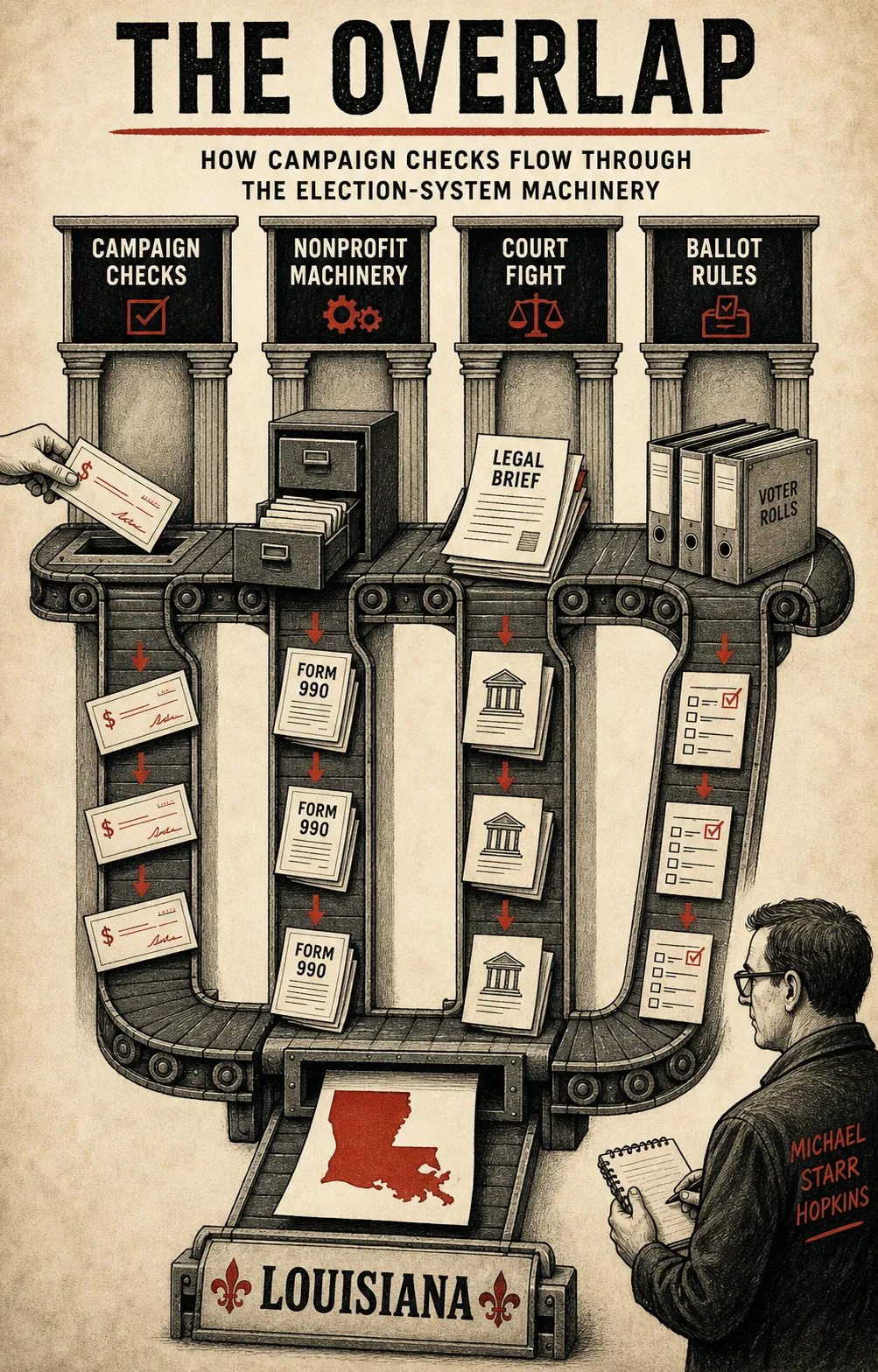 BTP receipt-machine illustration with checks, legal machinery, and ballot infrastructure.