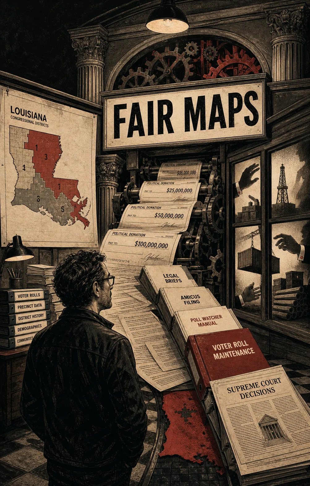 BTP analysis illustration showing checks, nonprofit entities, court columns, and ballot-rule paperwork moving around Michael Starr Hopkins as the recurring observer.