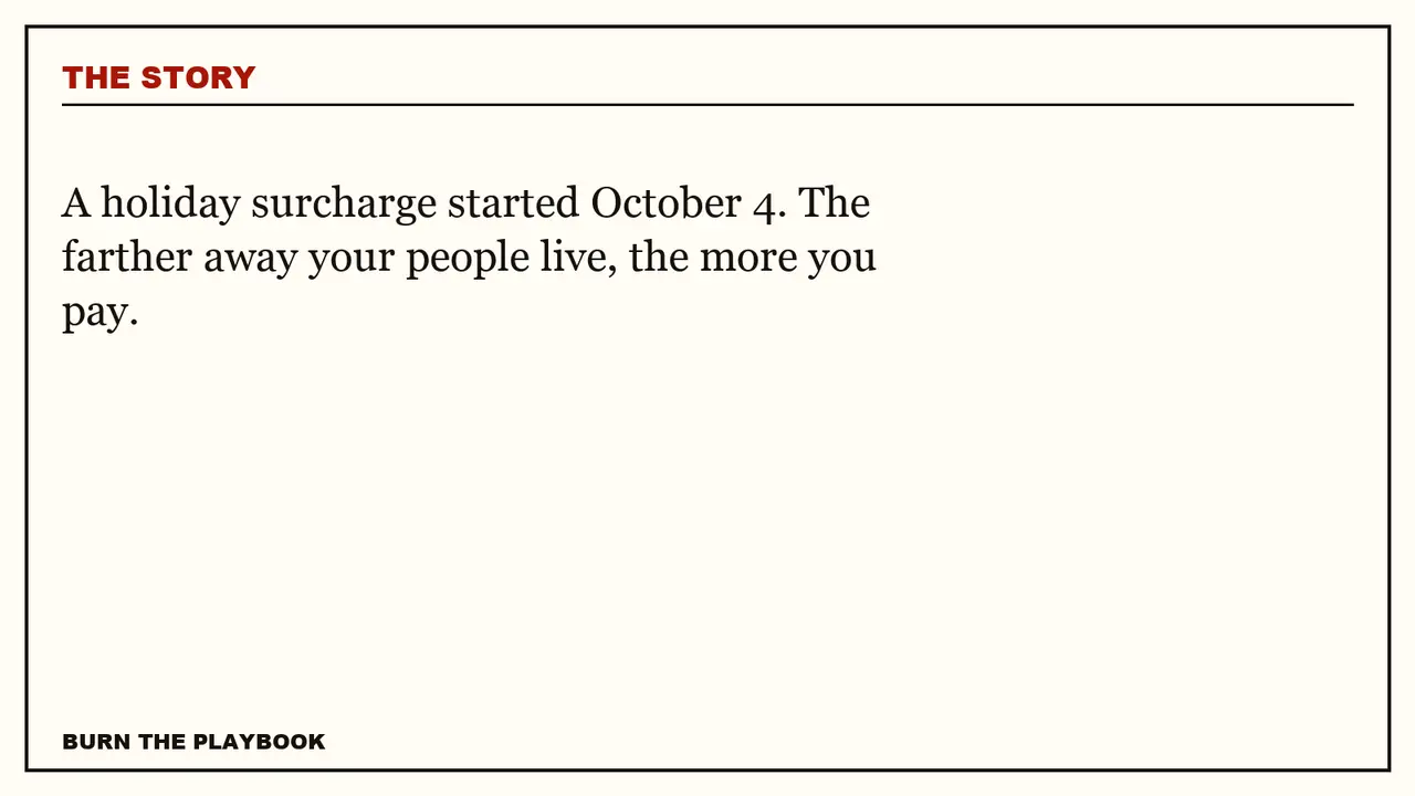 Record plate: A holiday surcharge started October 4. The farther away your people live, the more you pay.