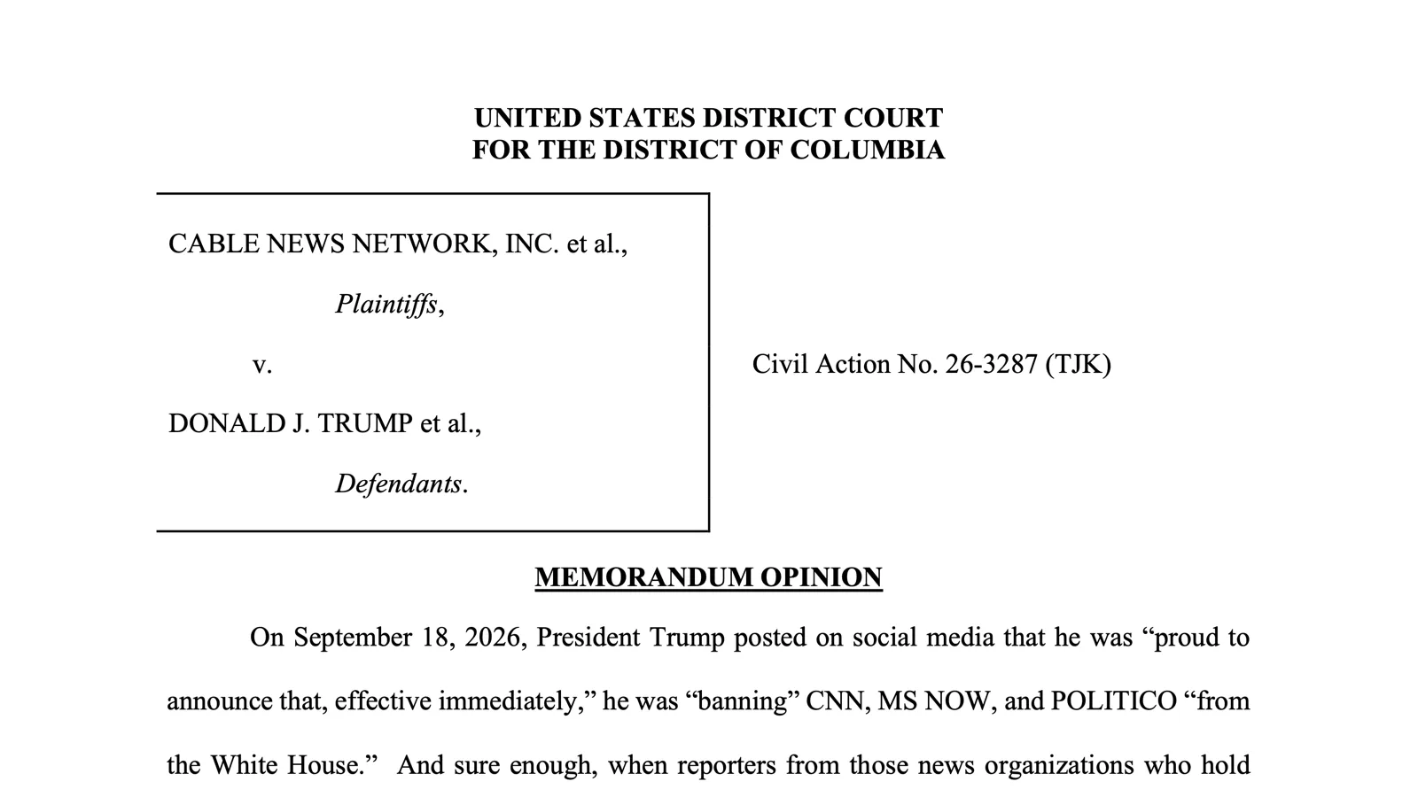 Page 1 of the memorandum opinion in Cable News Network, Inc. et al. v. Trump et al., Civil Action No. 26-3287 (TJK), U.S. District Court for the District of Columbia