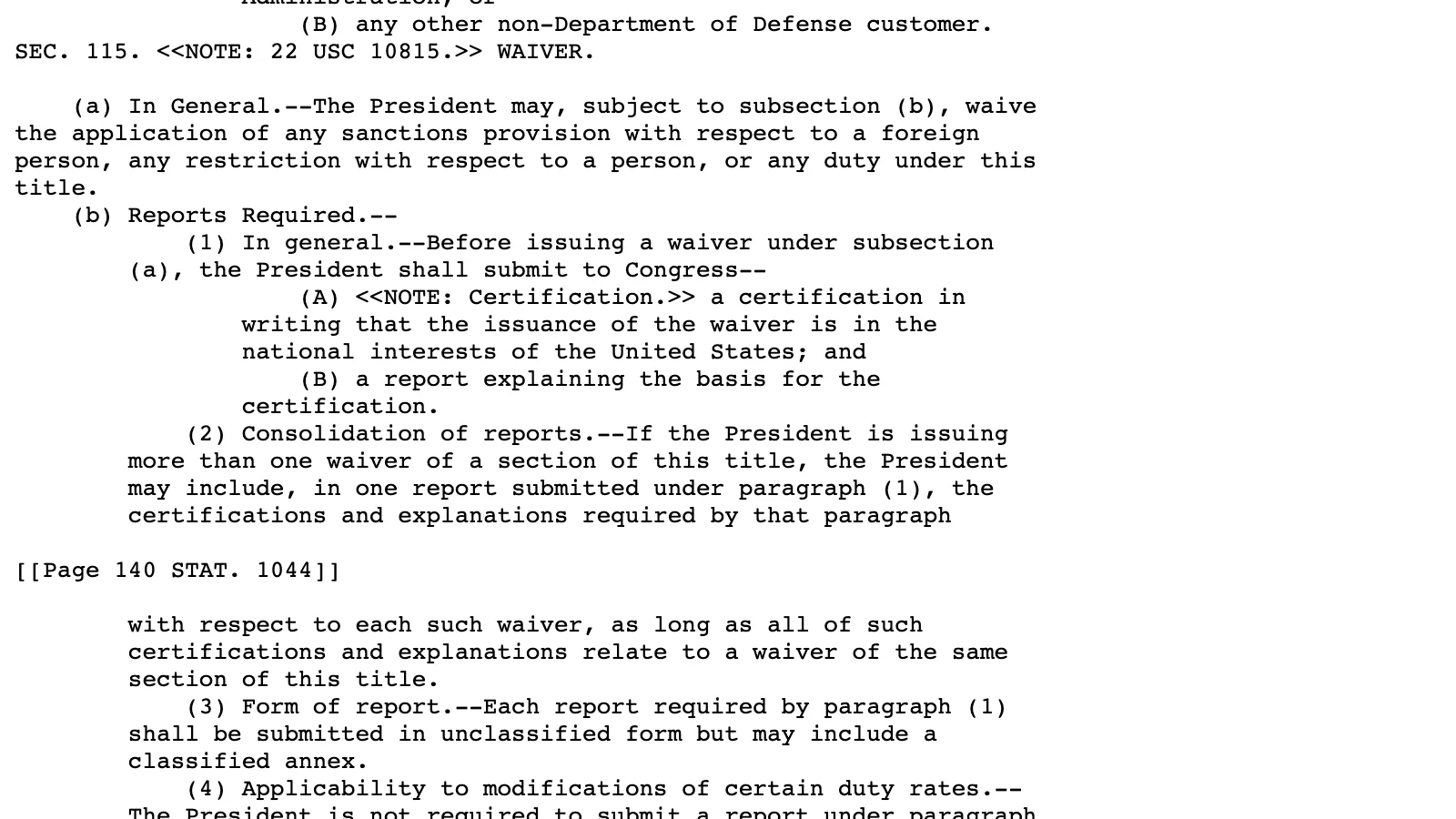 Screenshot of Public Law 119-111, Section 115, on govinfo.gov: the president may waive sanctions after sending Congress a national-interest certification and an unclassified report