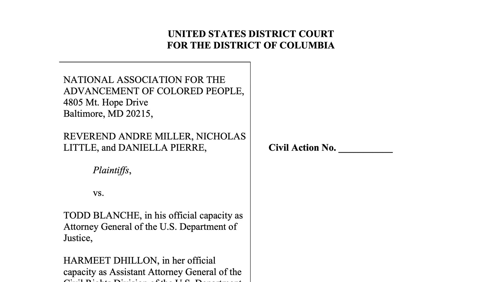 Page 1 of the complaint in National Association for the Advancement of Colored People et al. v. Todd Blanche et al., U.S. District Court for the District of Columbia