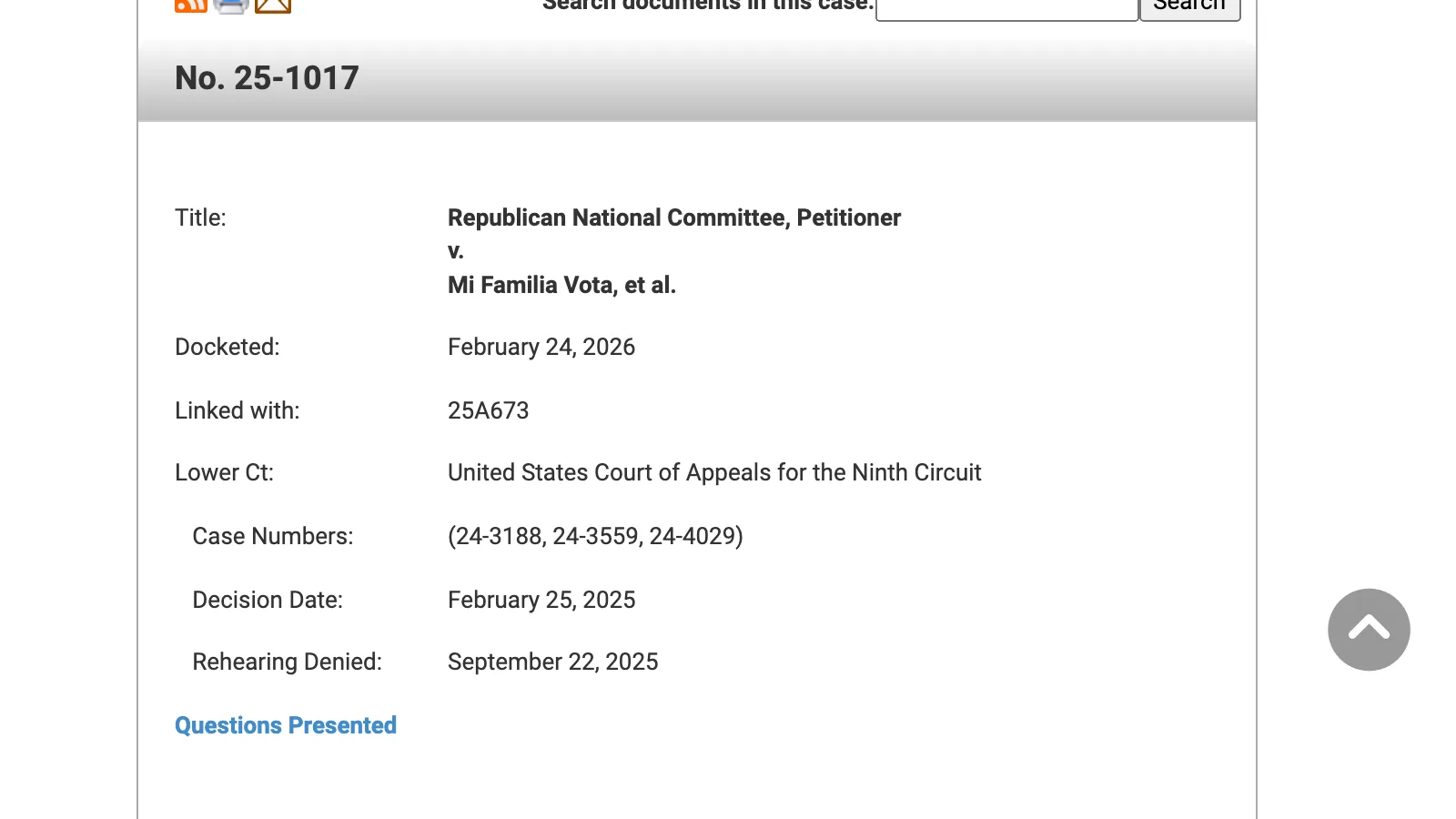Screenshot of the Supreme Court docket for No. 25-1017, Republican National Committee v. Mi Familia Vota, docketed Feb. 24, 2026